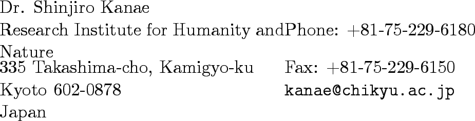 \begin{ncolumn}{2}
Dr. Shinjiro Kanae & \\
Research Institute for Humanity an...
...6150\\
Kyoto 602-0878 & {\tt kanae@chikyu.ac.jp}\\
Japan & \\
\end{ncolumn}